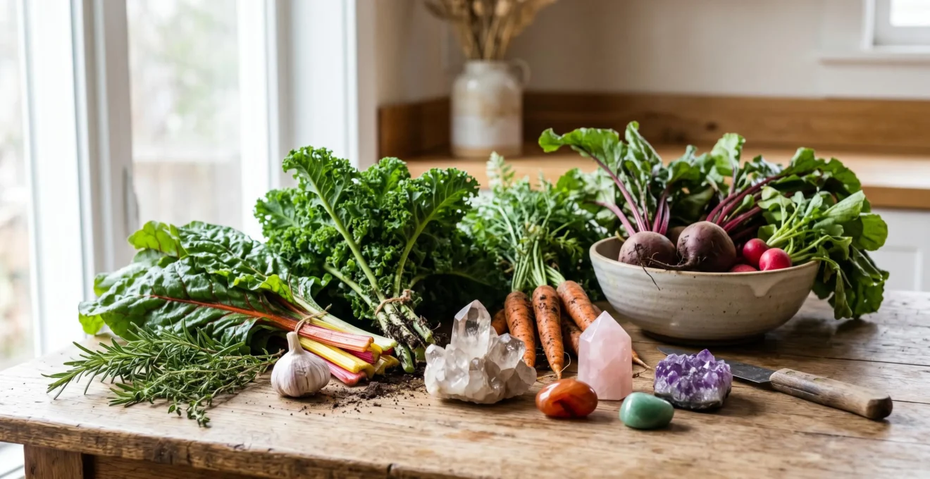 Composition harmonieuse associant pierres naturelles et aliments vivants illustrant le lien entre nutrition et lithothérapie