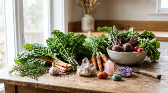 Composition harmonieuse associant pierres naturelles et aliments vivants illustrant le lien entre nutrition et lithothérapie