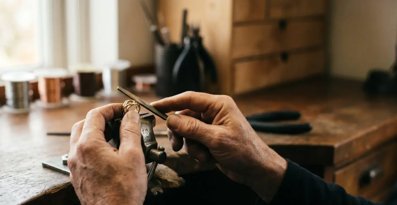 Artisan joaillier en pleine concentration travaillant un bijou sur mesure avec des outils traditionnels