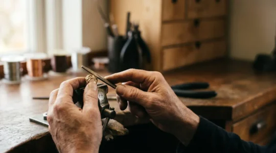 Artisan joaillier en pleine concentration travaillant un bijou sur mesure avec des outils traditionnels