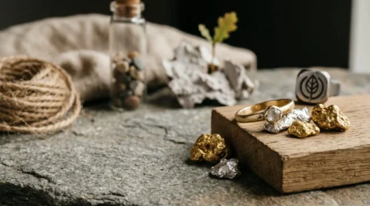Composition symbolique représentant la transparence et la traçabilité dans la joaillerie éthique