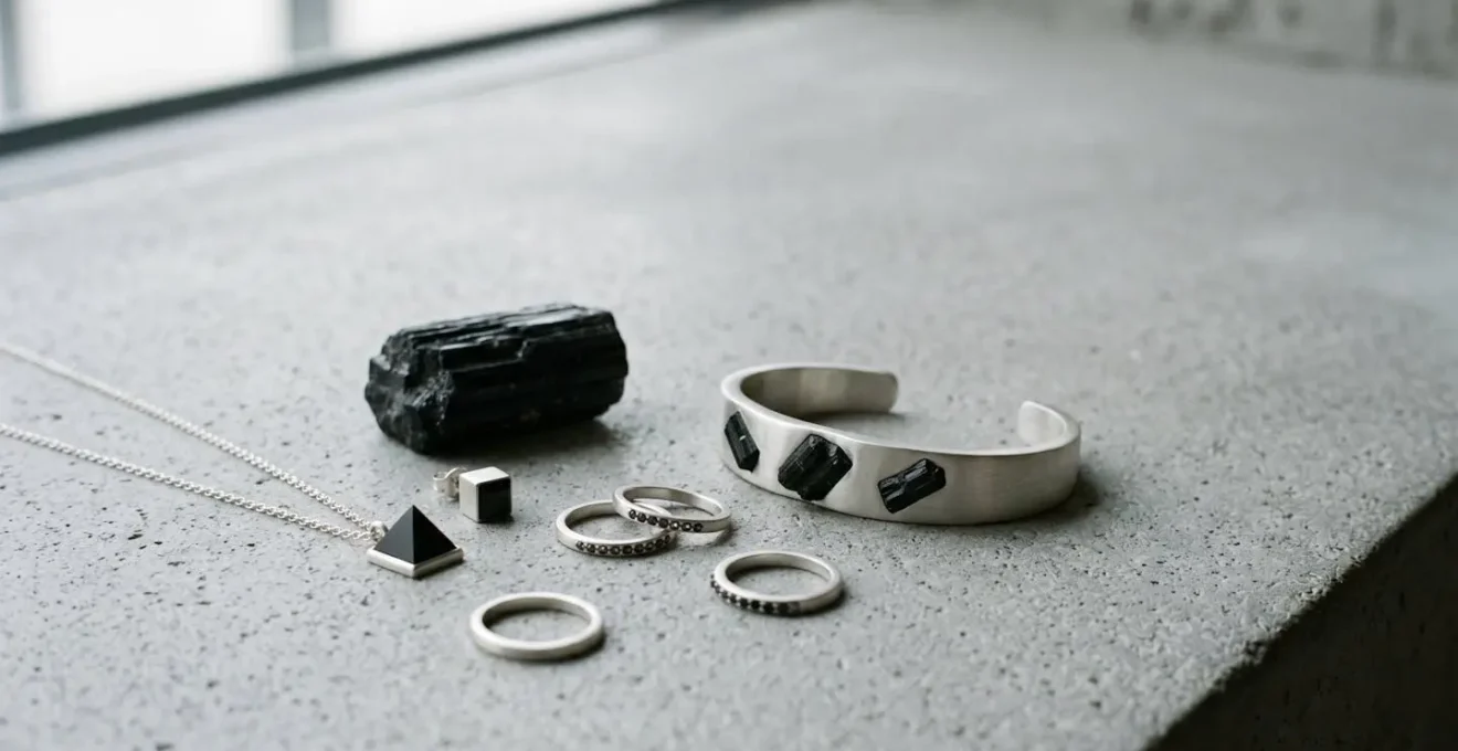 Composition élégante de bijoux en pierres naturelles avec design minimaliste et moderne sur fond épuré
