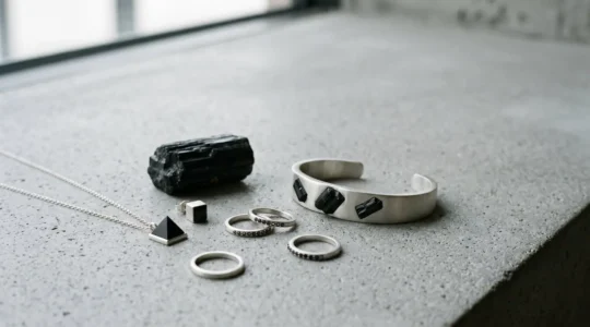 Composition élégante de bijoux en pierres naturelles avec design minimaliste et moderne sur fond épuré