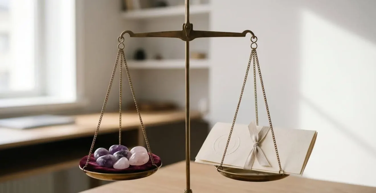 Représentation symbolique de l'équilibre entre bien-être et cadre légal dans la vente de pierres