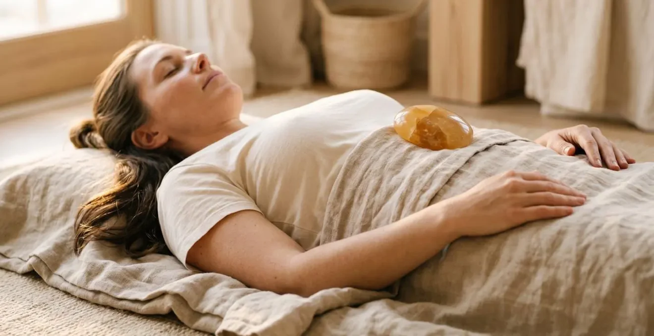 Pierre de calcite posée sur le diaphragme avec respiration consciente pour libérer le stress