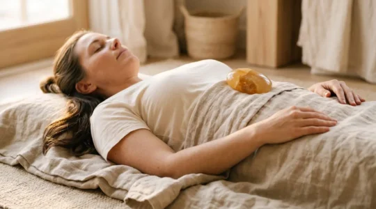Pierre de calcite posée sur le diaphragme avec respiration consciente pour libérer le stress