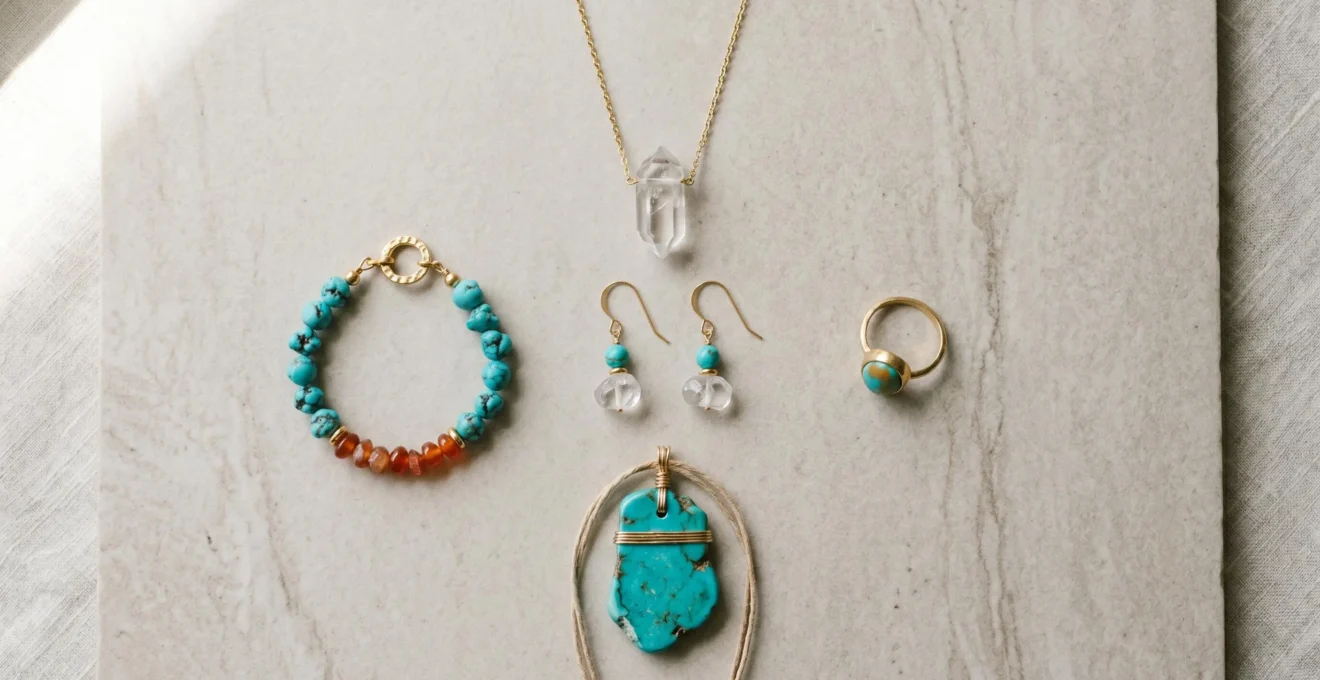 Composition minimaliste de cinq bijoux en pierres naturelles disposés harmonieusement sur fond neutre évoquant l'essence d'une garde-robe capsule énergétique