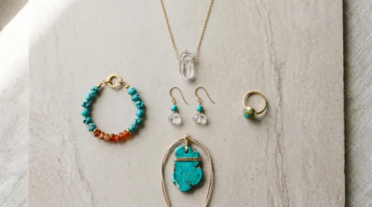 Composition minimaliste de cinq bijoux en pierres naturelles disposés harmonieusement sur fond neutre évoquant l'essence d'une garde-robe capsule énergétique