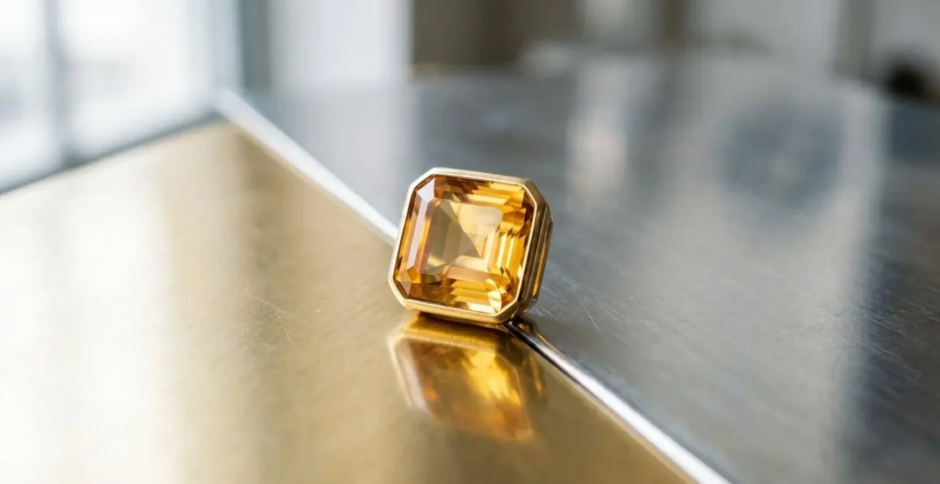 Bijou en citrine naturelle monté sur métal précieux, avec jeu de lumière mettant en valeur la pierre jaune dorée