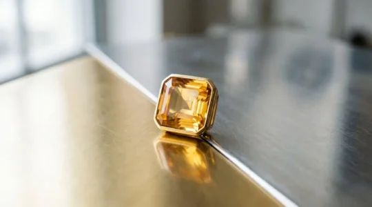 Bijou en citrine naturelle monté sur métal précieux, avec jeu de lumière mettant en valeur la pierre jaune dorée