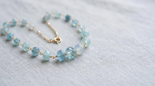 Collier en pierre naturelle posé délicatement sur une surface minimaliste évoquant le calme et la confiance pour la prise de parole