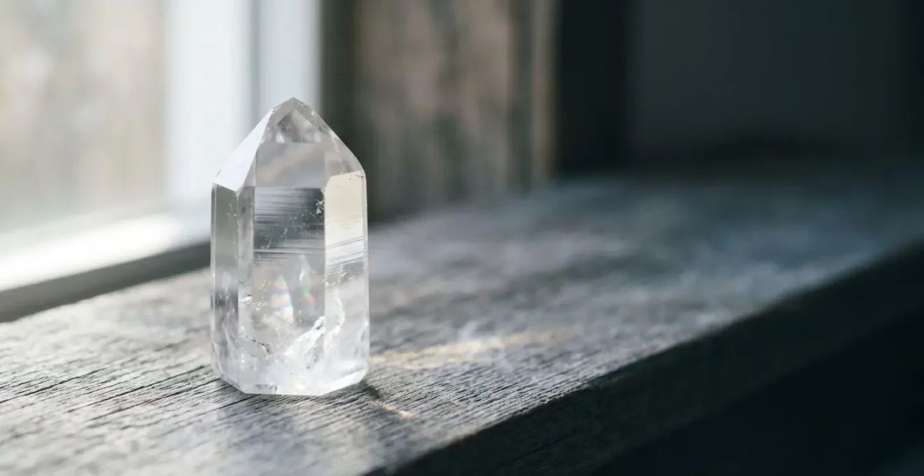 Cristal de roche transparent posé dans une ambiance lumineuse naturelle évoquant la clarté et la manifestation d'intentions