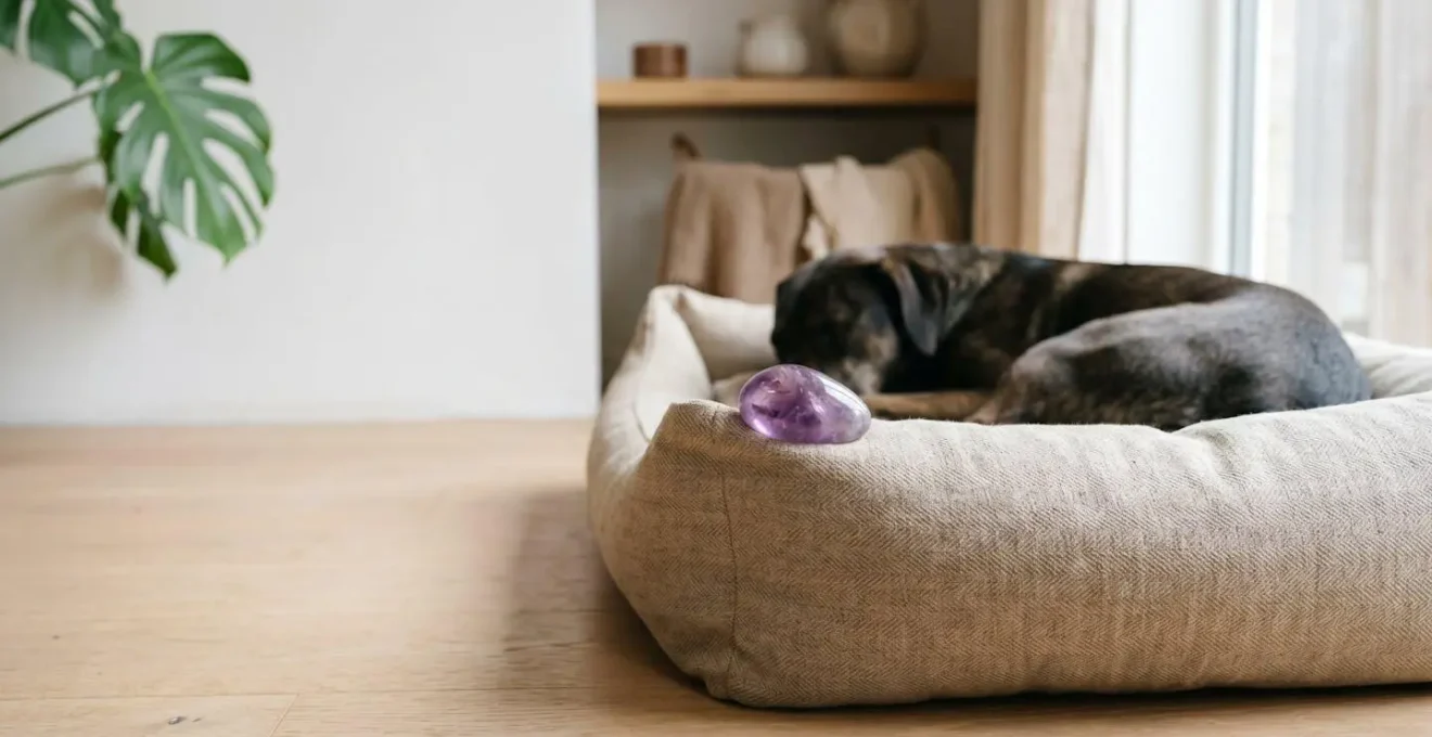 Pierre de lithothérapie et accessoire de bien-être naturel pour chien dans un environnement apaisant