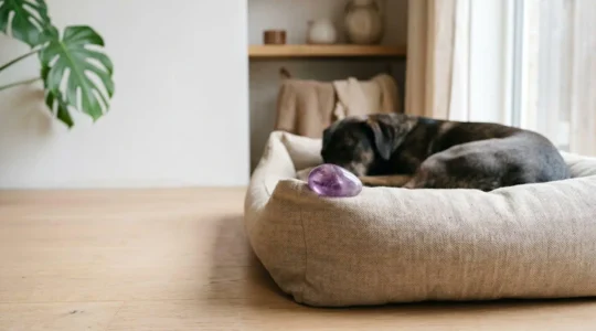Pierre de lithothérapie et accessoire de bien-être naturel pour chien dans un environnement apaisant