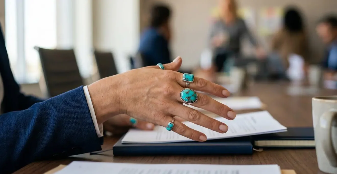 Femme professionnelle portant des bagues turquoise lors d'une réunion stratégique, symbolisant son identité visuelle distinctive