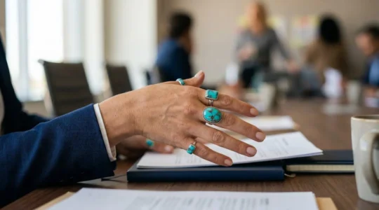 Femme professionnelle portant des bagues turquoise lors d'une réunion stratégique, symbolisant son identité visuelle distinctive