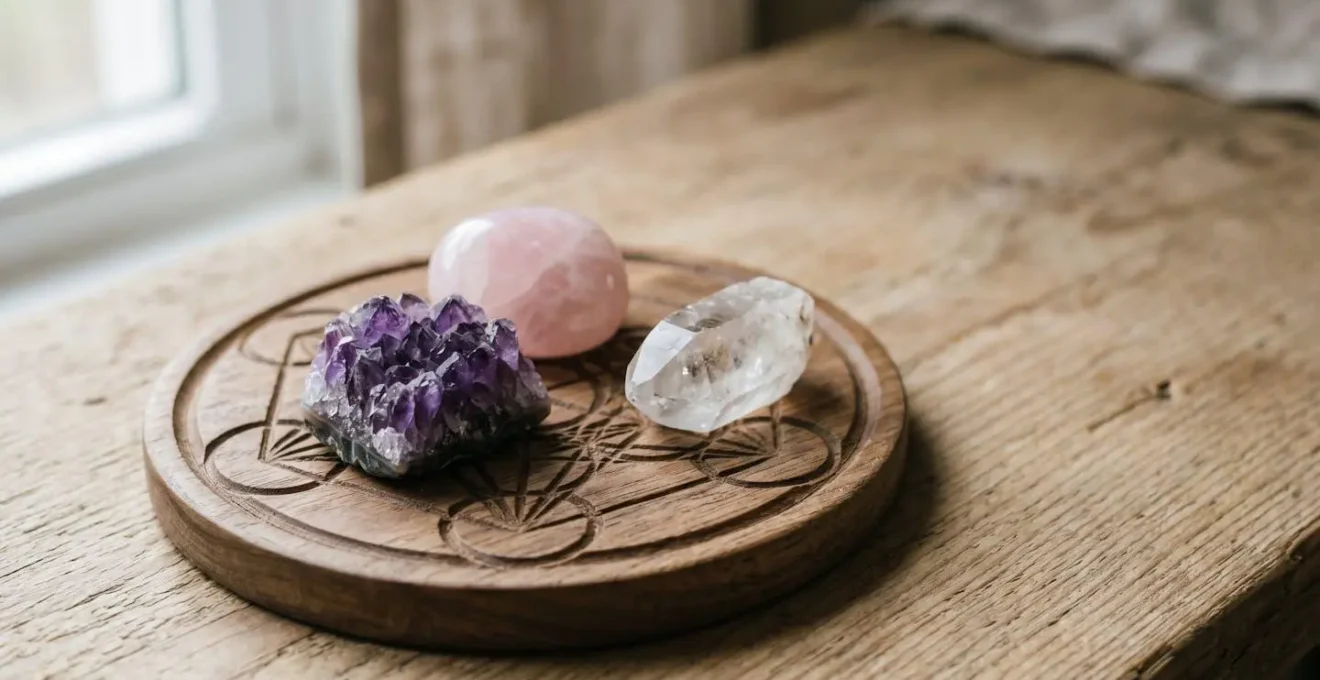 Composition éditoriale montrant des symboles de géométrie sacrée et pierres naturelles pour la lithothérapie spirituelle