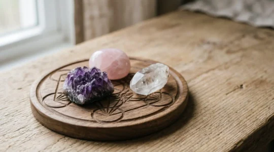 Composition éditoriale montrant des symboles de géométrie sacrée et pierres naturelles pour la lithothérapie spirituelle
