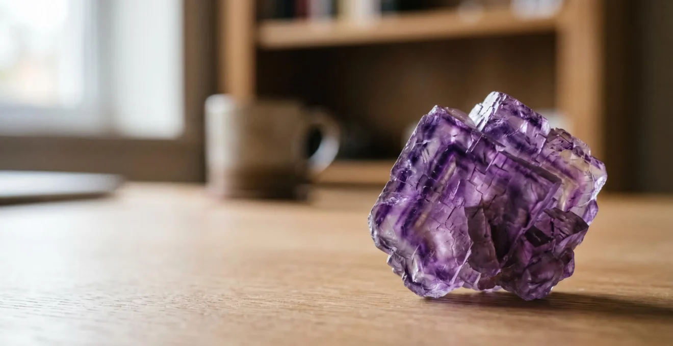 Pierre de fluorite violette posée sur un bureau minimaliste pour améliorer la concentration lors des révisions
