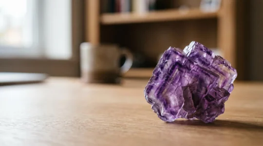 Pierre de fluorite violette posée sur un bureau minimaliste pour améliorer la concentration lors des révisions