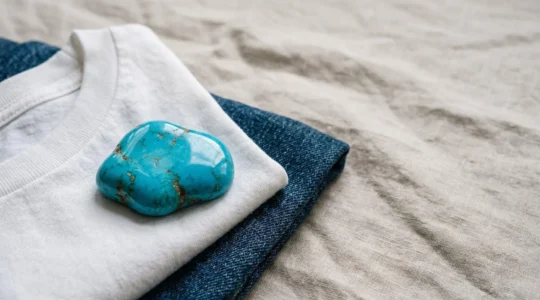 Une pierre turquoise massive posée sur un tissu blanc et denim bleu, évoquant l'élégance minimaliste d'une tenue quotidienne transformée par un bijou exceptionnel