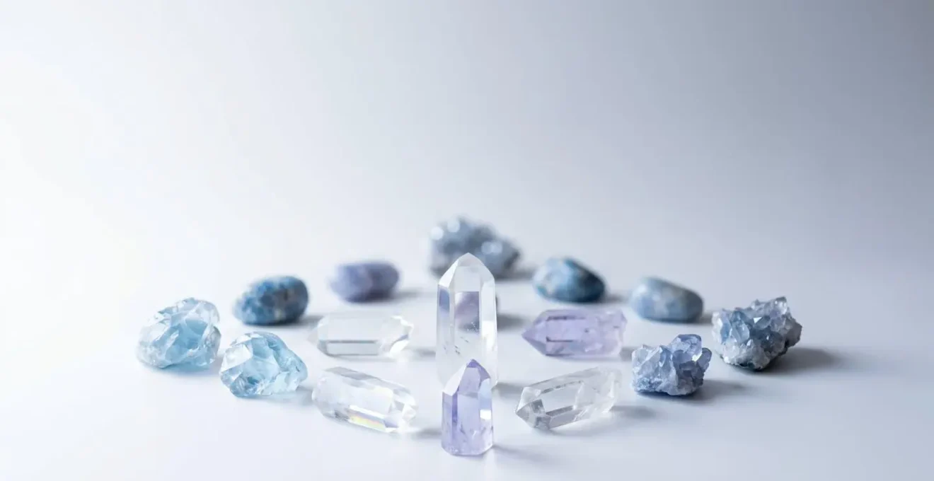 Cristaux naturels translucides disposés sur une surface minimaliste avec un éclairage naturel doux créant des réfractions subtiles