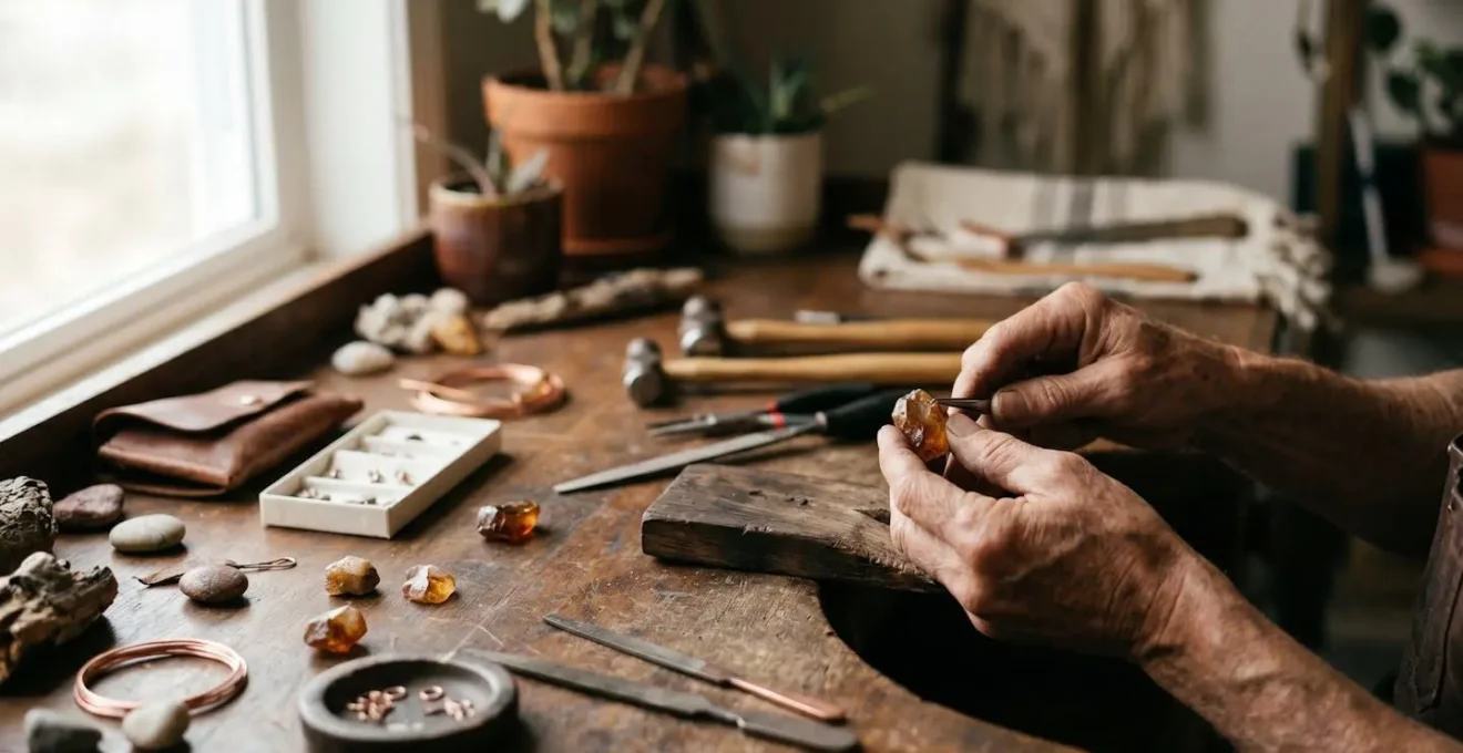 Gros plan sur les mains d'un artisan bijoutier créant avec intention un bijou en pierre naturelle dans son atelier lumineux