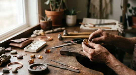 Gros plan sur les mains d'un artisan bijoutier créant avec intention un bijou en pierre naturelle dans son atelier lumineux