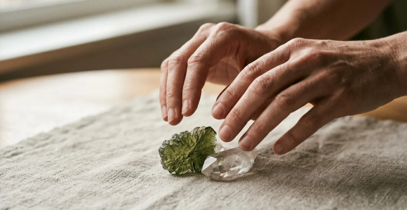 Mains d'une personne touchant délicatement une pierre brute translucide avec hésitation