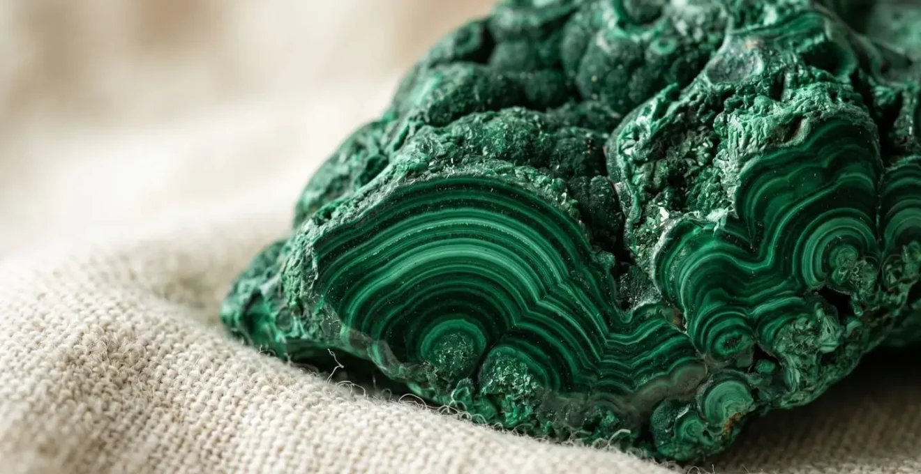 Pierre de malachite verte aux bandes concentriques symbolisant la transformation énergétique et la guérison naturelle après une maladie