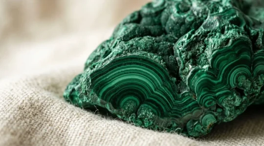 Pierre de malachite verte aux bandes concentriques symbolisant la transformation énergétique et la guérison naturelle après une maladie