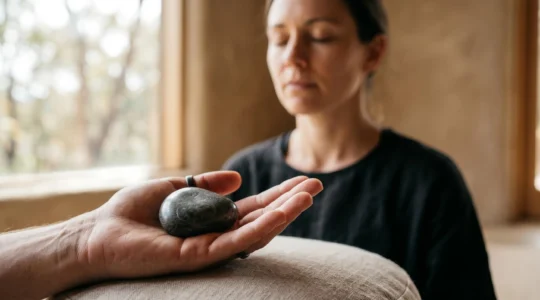 Personne en méditation tenant délicatement une pierre lisse dans la main gauche, dans une atmosphère apaisante et contemplative