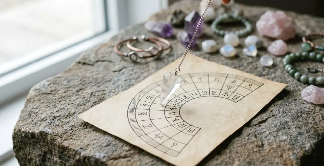 Pendule de radiesthésie en cristal suspendu au-dessus d'un cadran de Bovis gradué posé sur une surface naturelle avec des bijoux en pierres semi-précieuses