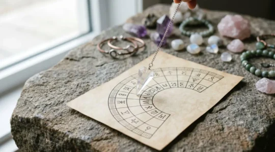 Pendule de radiesthésie en cristal suspendu au-dessus d'un cadran de Bovis gradué posé sur une surface naturelle avec des bijoux en pierres semi-précieuses