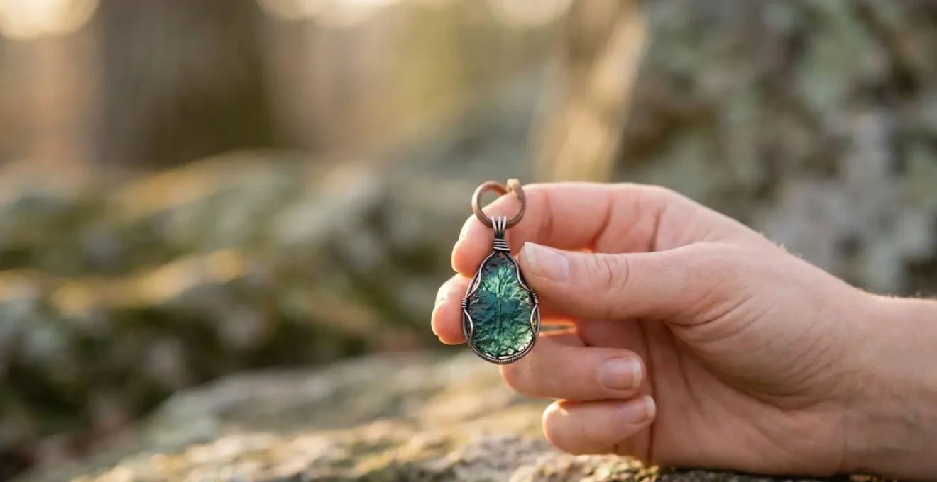 Pendentif en pierre naturelle posé sur une surface minérale, lumière douce soulignant les reflets et la texture de la pierre de protection
