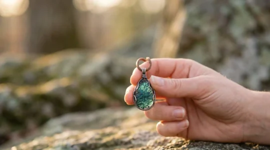 Pendentif en pierre naturelle posé sur une surface minérale, lumière douce soulignant les reflets et la texture de la pierre de protection