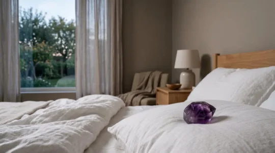 Pierre semi-précieuse posée délicatement sur un oreiller blanc dans une chambre tamisée