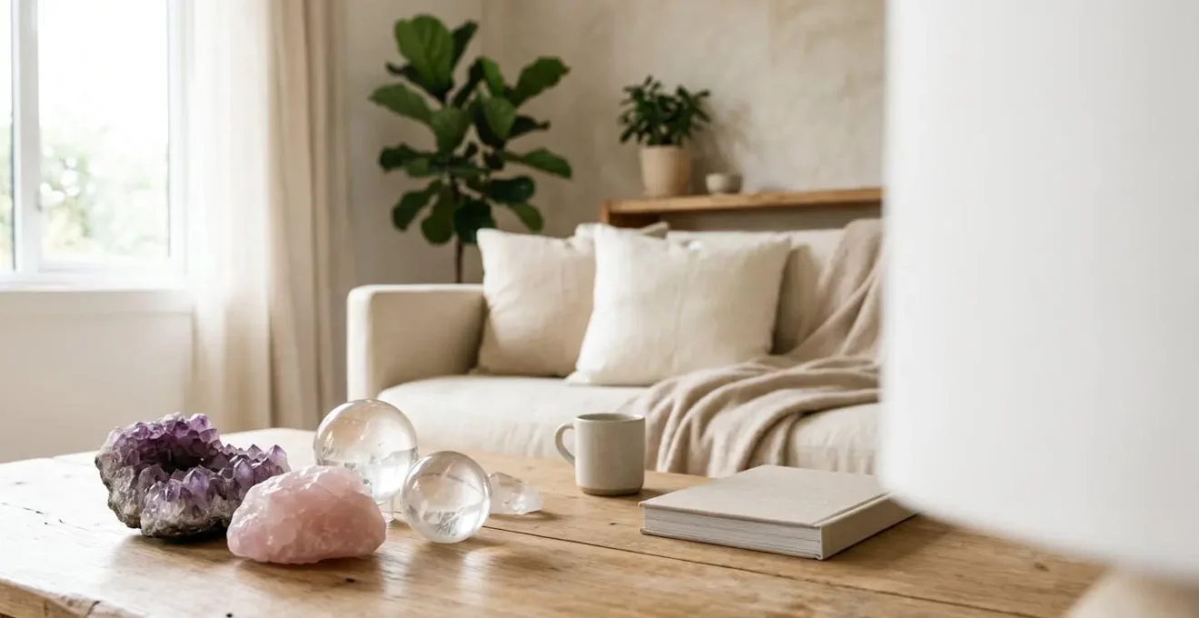 Arrangement harmonieux de pierres semi-précieuses dans un salon moderne avec lumière naturelle