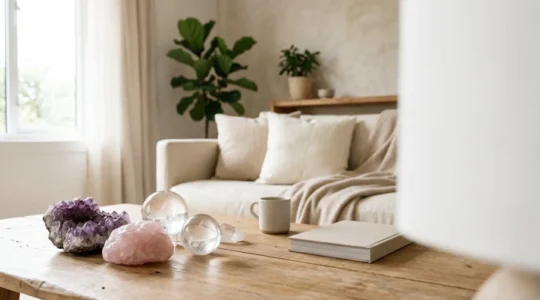 Arrangement harmonieux de pierres semi-précieuses dans un salon moderne avec lumière naturelle