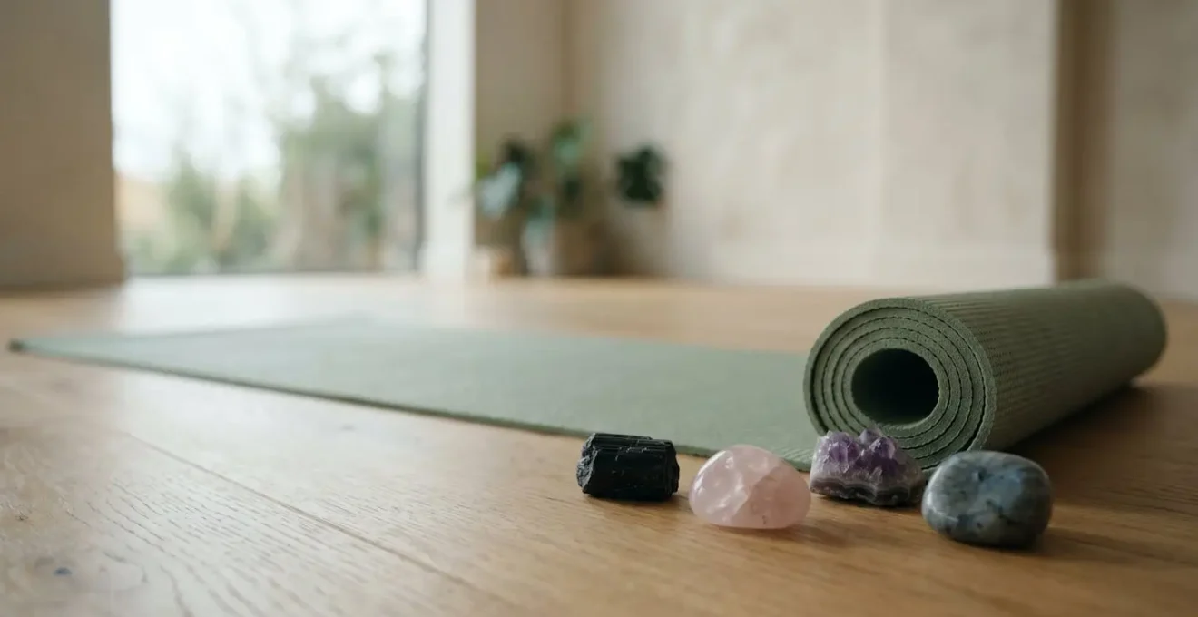 Pierres de lithothérapie disposées au bord d'un tapis de yoga dans une ambiance zen pour l'équilibre