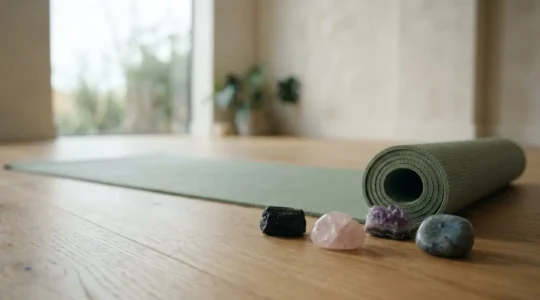 Pierres de lithothérapie disposées au bord d'un tapis de yoga dans une ambiance zen pour l'équilibre