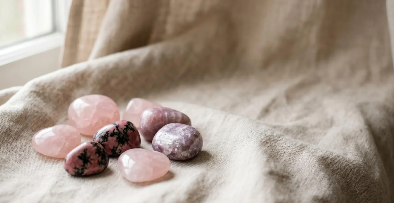 Composition minimaliste de pierres semi-précieuses aux teintes rose et mauve posées délicatement sur un textile naturel doux, évoquant le réconfort et la guérison émotionnelle