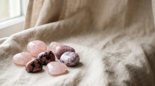 Composition minimaliste de pierres semi-précieuses aux teintes rose et mauve posées délicatement sur un textile naturel doux, évoquant le réconfort et la guérison émotionnelle