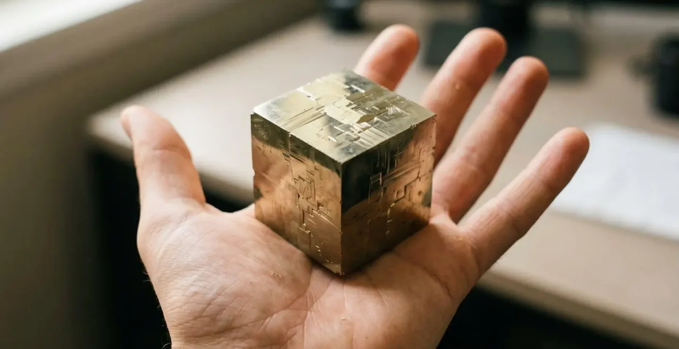 Pierre de pyrite cubique dorée tenue dans une paume de main avec un éclairage naturel doux