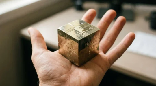 Pierre de pyrite cubique dorée tenue dans une paume de main avec un éclairage naturel doux