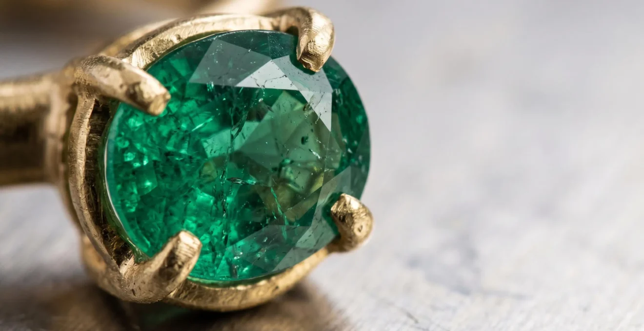 Gros plan sur une pierre précieuse sertie dans une monture en métal précieux, révélant les détails du sertissage artisanal