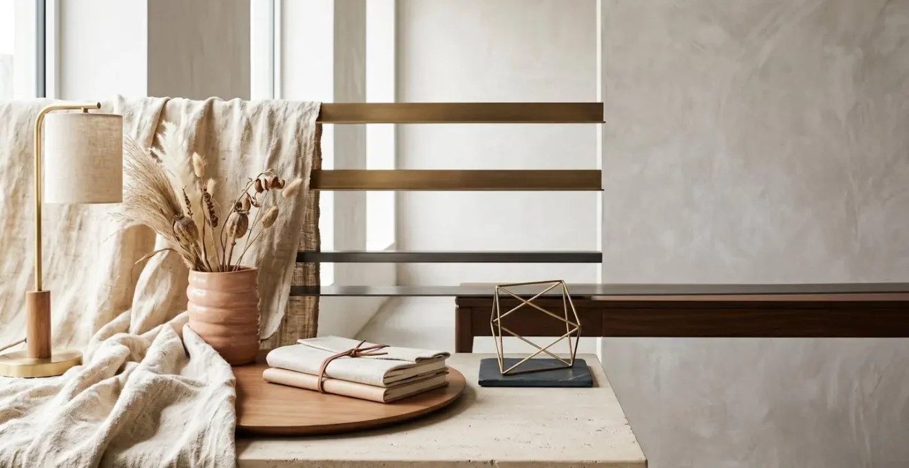 Composition minimaliste représentant l'équilibre entre l'élégance bohème et le professionnalisme au bureau avec textures naturelles et lignes structurées