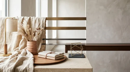 Composition minimaliste représentant l'équilibre entre l'élégance bohème et le professionnalisme au bureau avec textures naturelles et lignes structurées