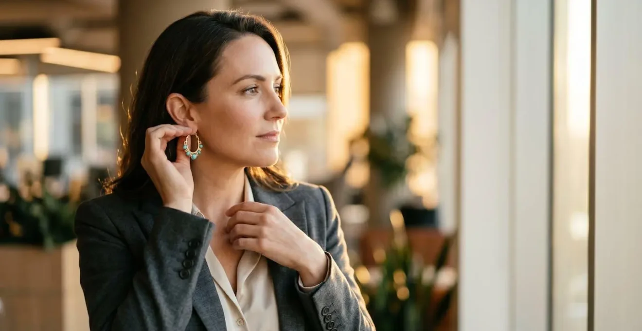 Une femme élégante en tenue professionnelle ajustant des boucles d'oreilles créoles dorées devant un miroir dans un environnement urbain moderne au coucher du soleil