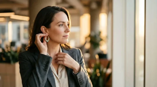 Une femme élégante en tenue professionnelle ajustant des boucles d'oreilles créoles dorées devant un miroir dans un environnement urbain moderne au coucher du soleil